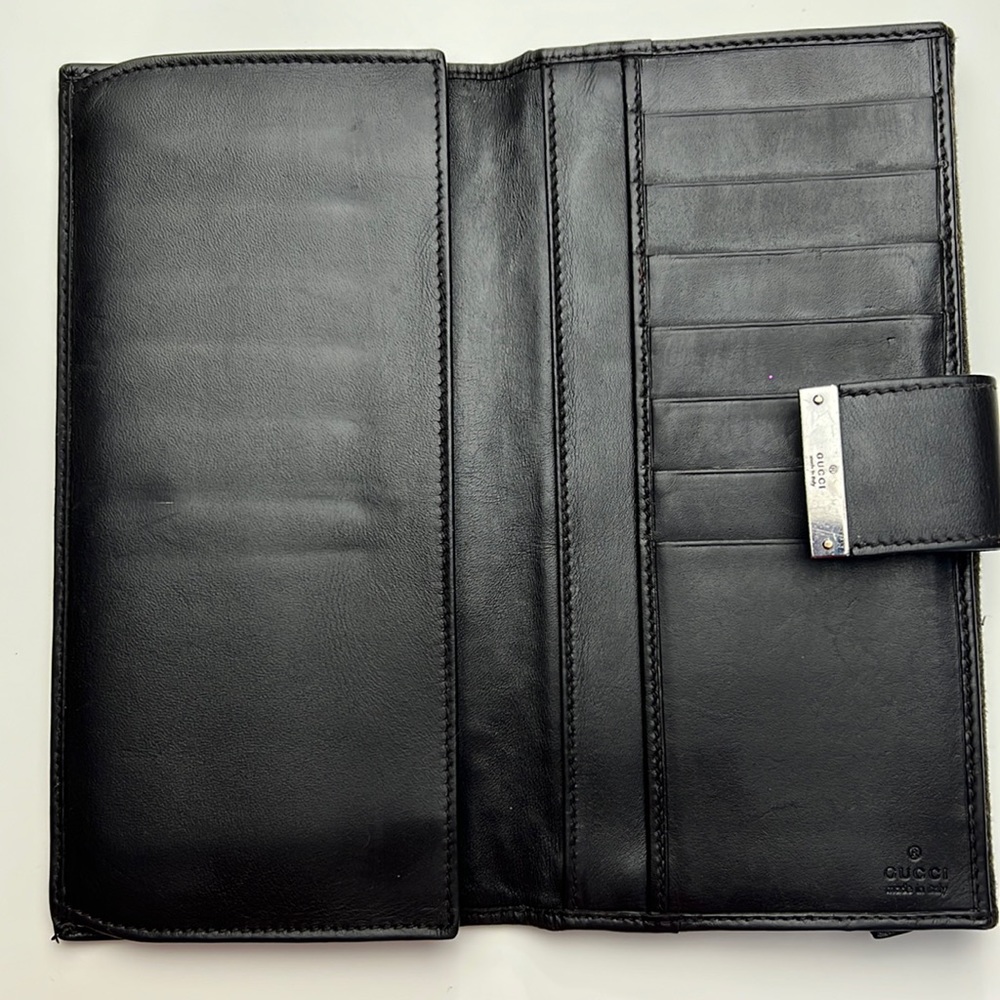 Auth. GUCCI GG Logo Canvas & Leather Long Bi-fold Wallet Brown Black Monogram - Picture 9 of 17